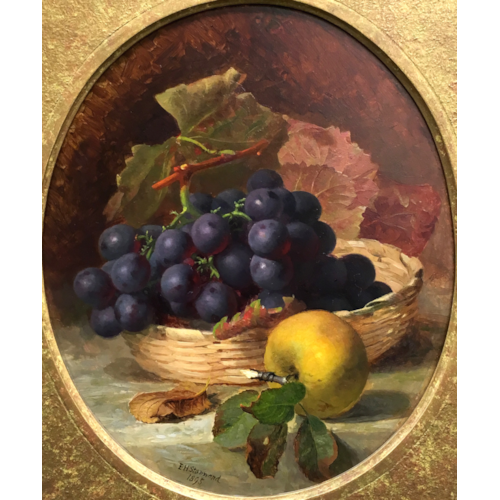 A basket of black grapes and an apple; Raspberries and peaches on a table